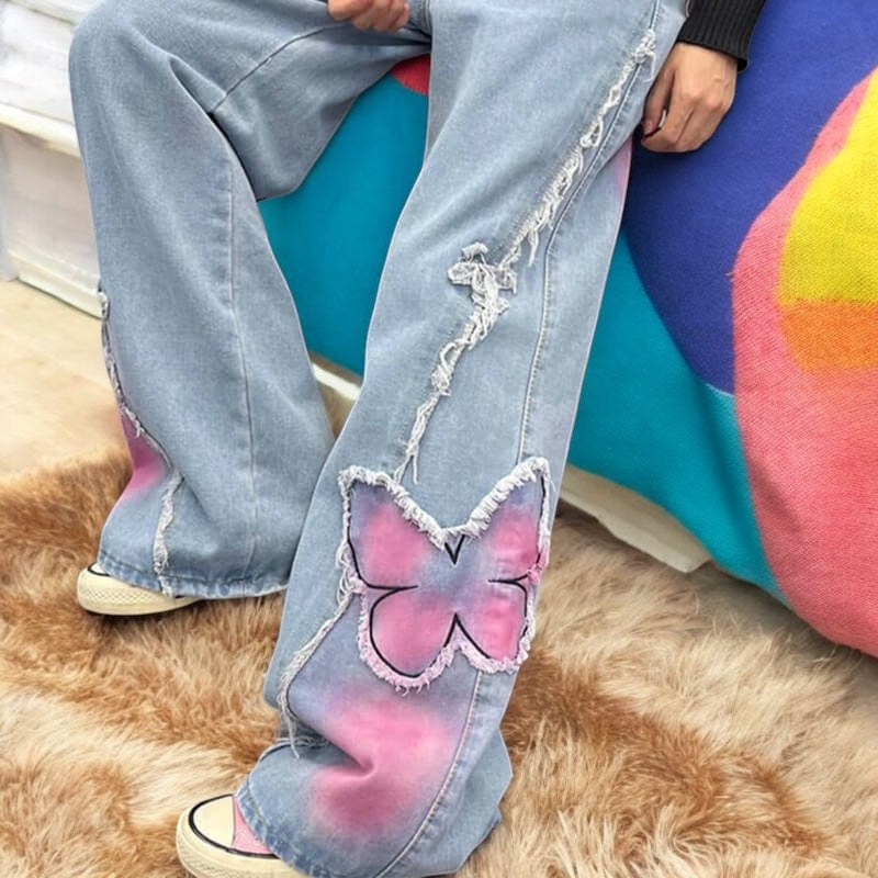 Pink Butterfly Patch Frayed Wide Leg Jeans