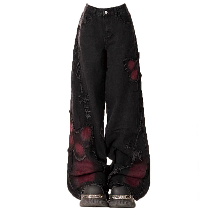 Pink Butterfly Patch Frayed Wide Leg Jeans