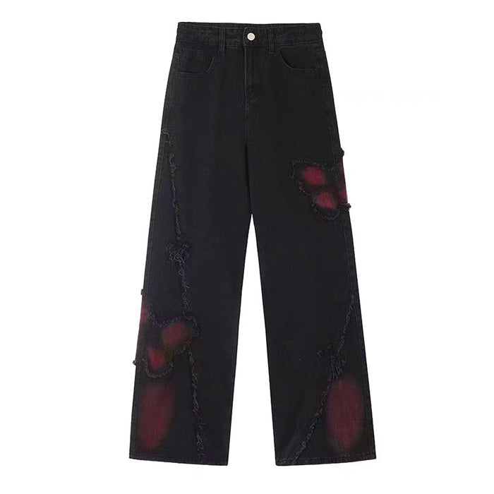 Pink Butterfly Patch Frayed Wide Leg Jeans