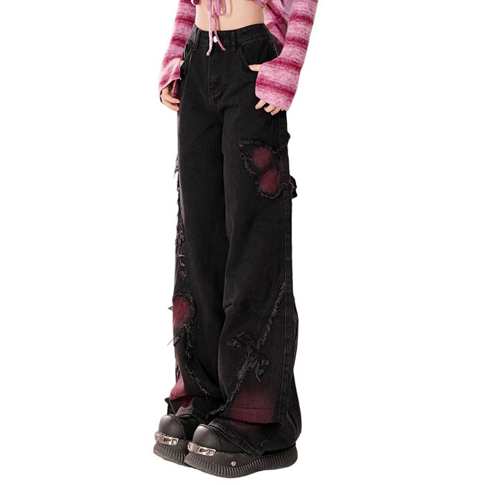 Pink Butterfly Patch Frayed Wide Leg Jeans
