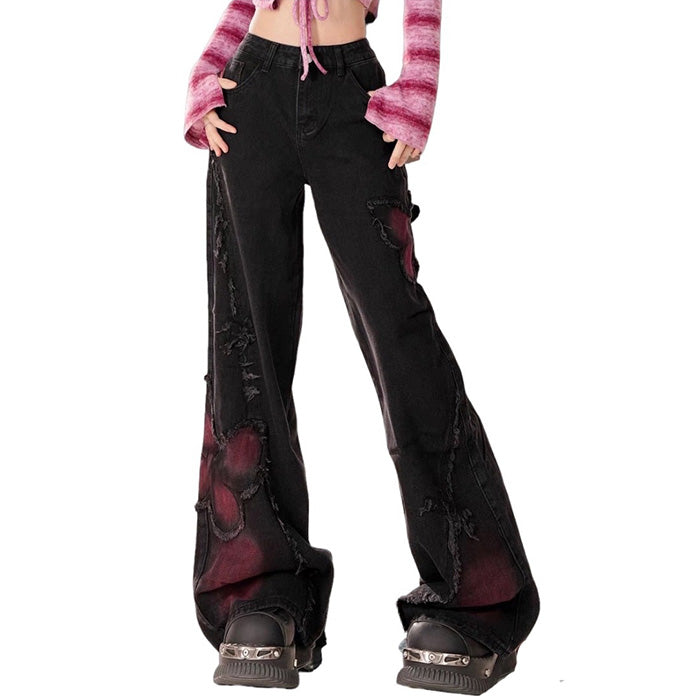 Pink Butterfly Patch Frayed Wide Leg Jeans