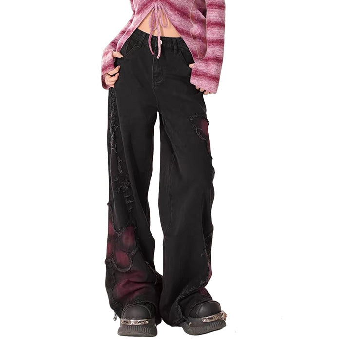 Pink Butterfly Patch Frayed Wide Leg Jeans