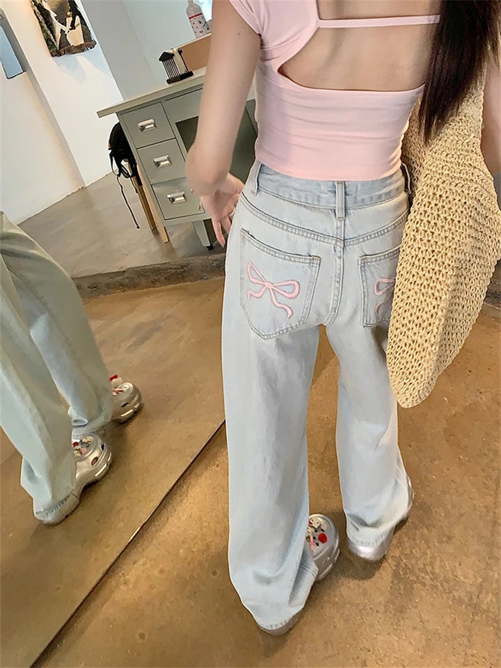 Back Pocket Bow Embroidery Wide Leg Jeans