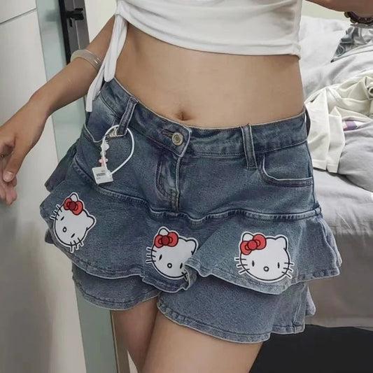 Hello Kitty Denim Tiered Mini Skirt-Luxandluxy