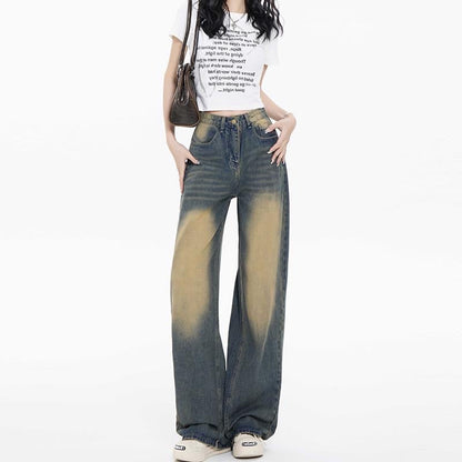 Beige Faded Blue Baggy Wide Leg Jeans