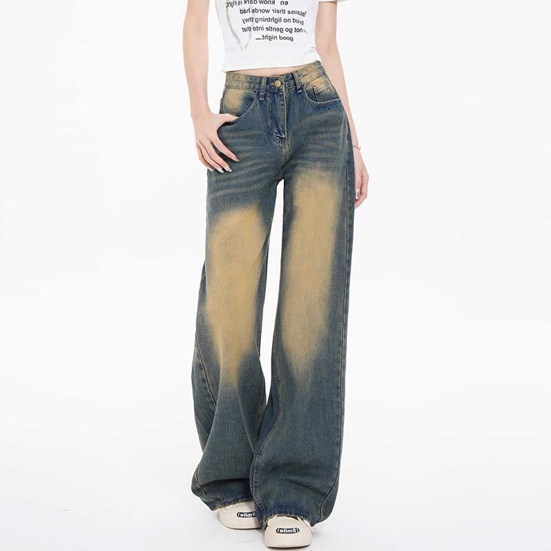 Beige Faded Blue Baggy Wide Leg Jeans