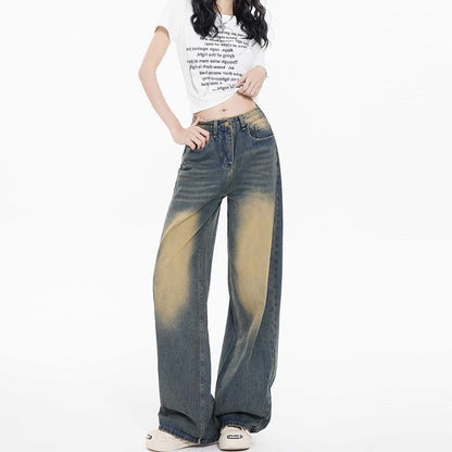 Beige Faded Blue Baggy Wide Leg Jeans