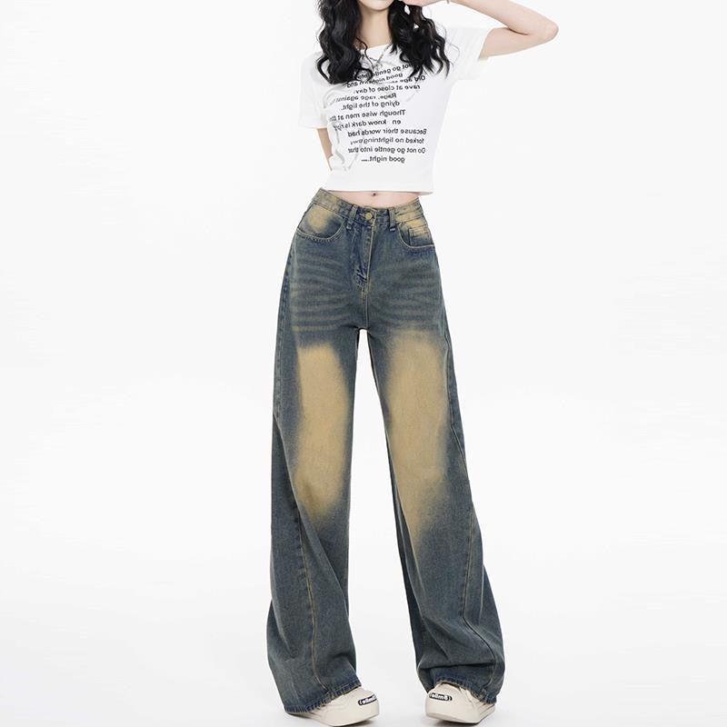 Beige Faded Blue Baggy Wide Leg Jeans