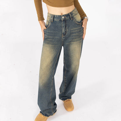 Beige Faded Blue Baggy Wide Leg Jeans