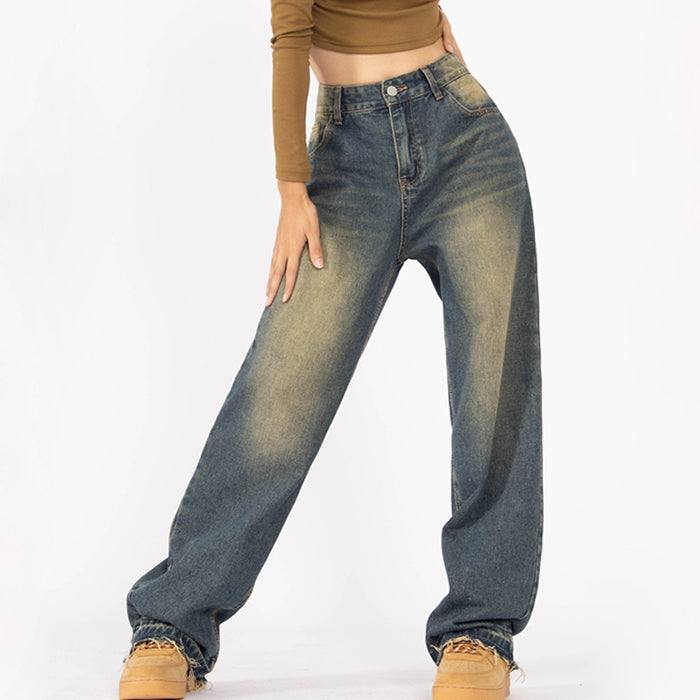 Beige Faded Blue Baggy Wide Leg Jeans