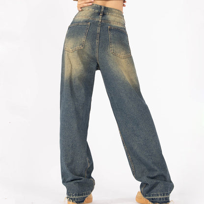 Beige Faded Blue Baggy Wide Leg Jeans