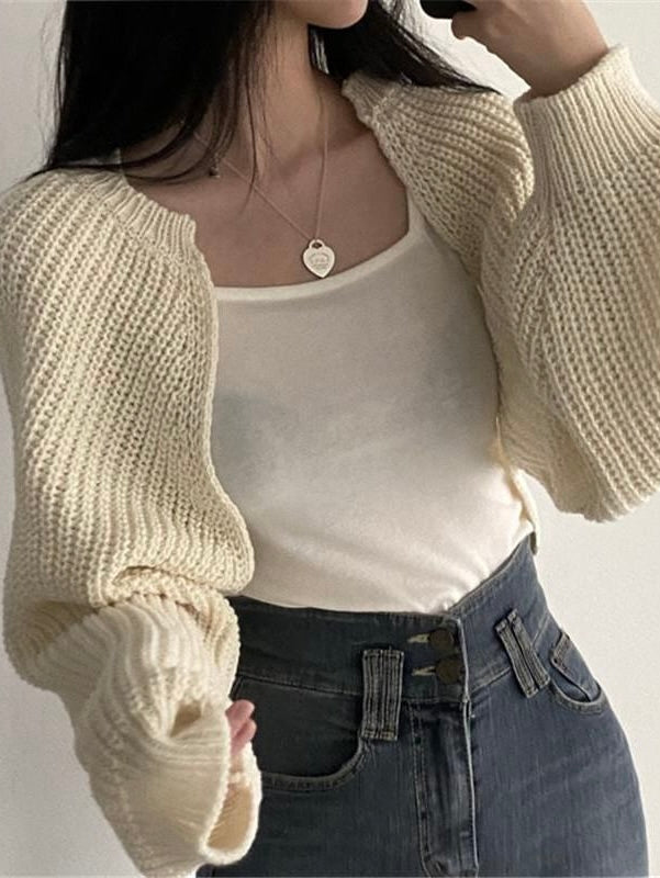 Plain Open Front Crop Knit Cardigan