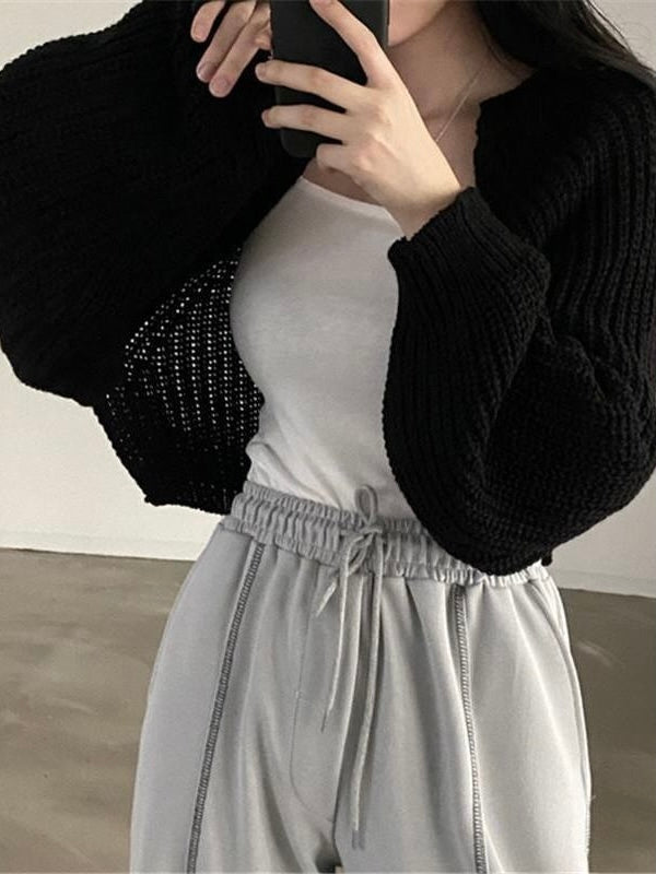 Plain Open Front Crop Knit Cardigan