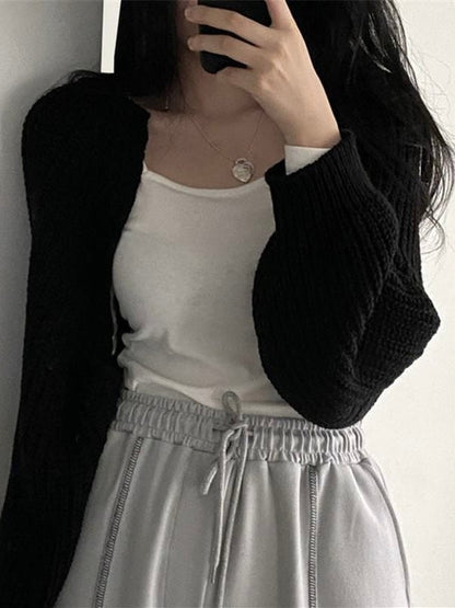 Plain Open Front Crop Knit Cardigan