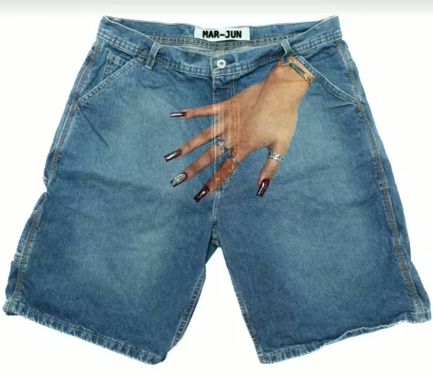 Hand on my zip area Jorts