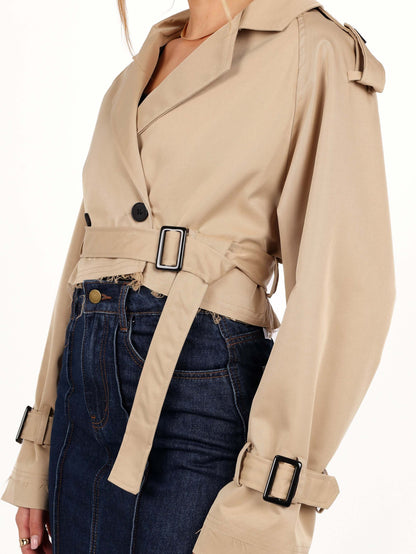 Beige Double Breasted Crop Trench Jacket