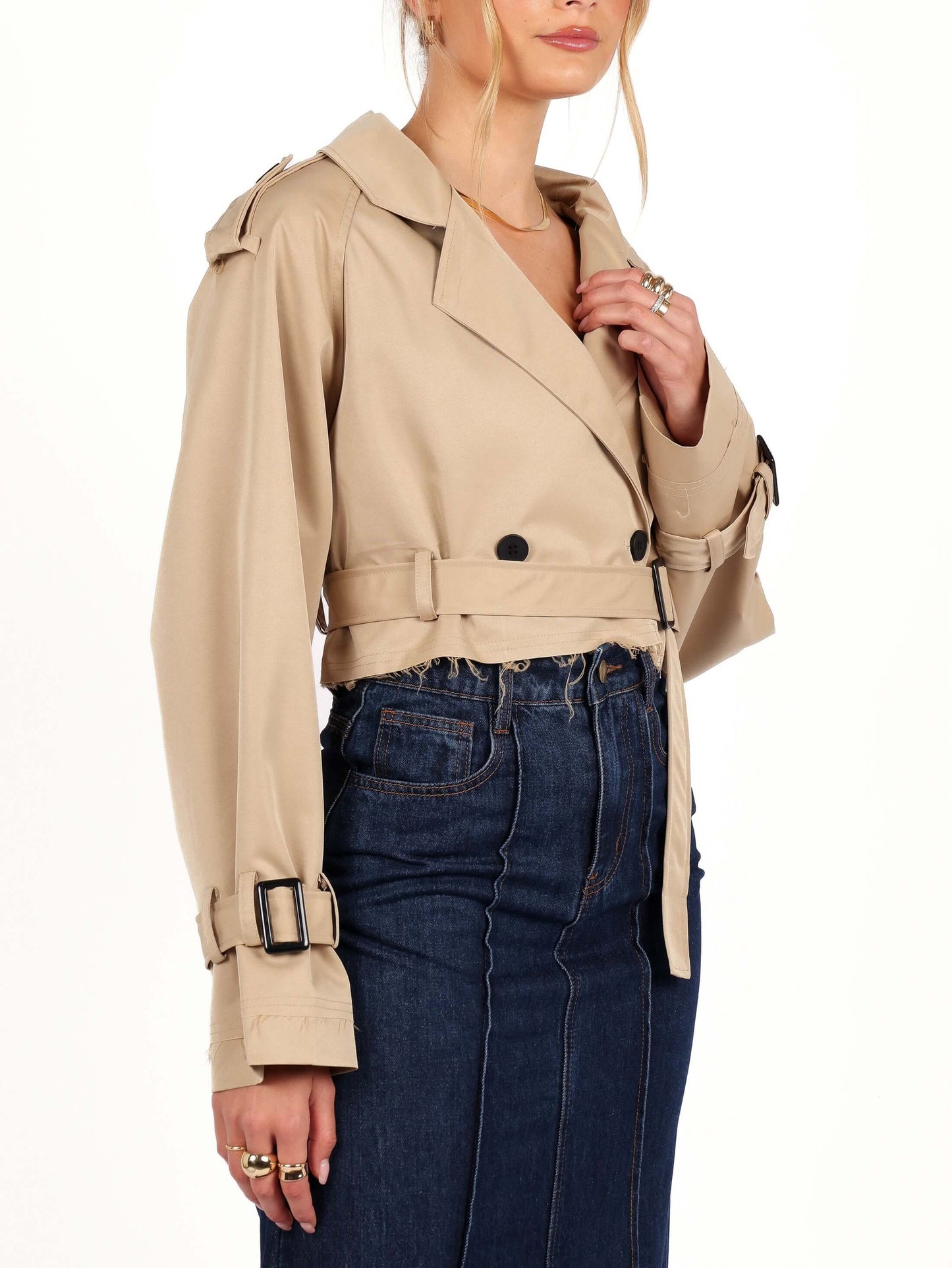 Beige Double Breasted Crop Trench Jacket