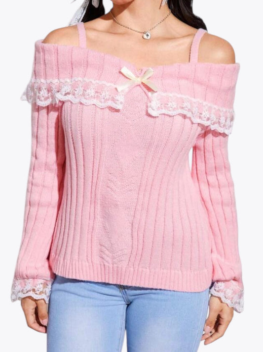 Cold Shoulder Lace Trim Knit Sweater
