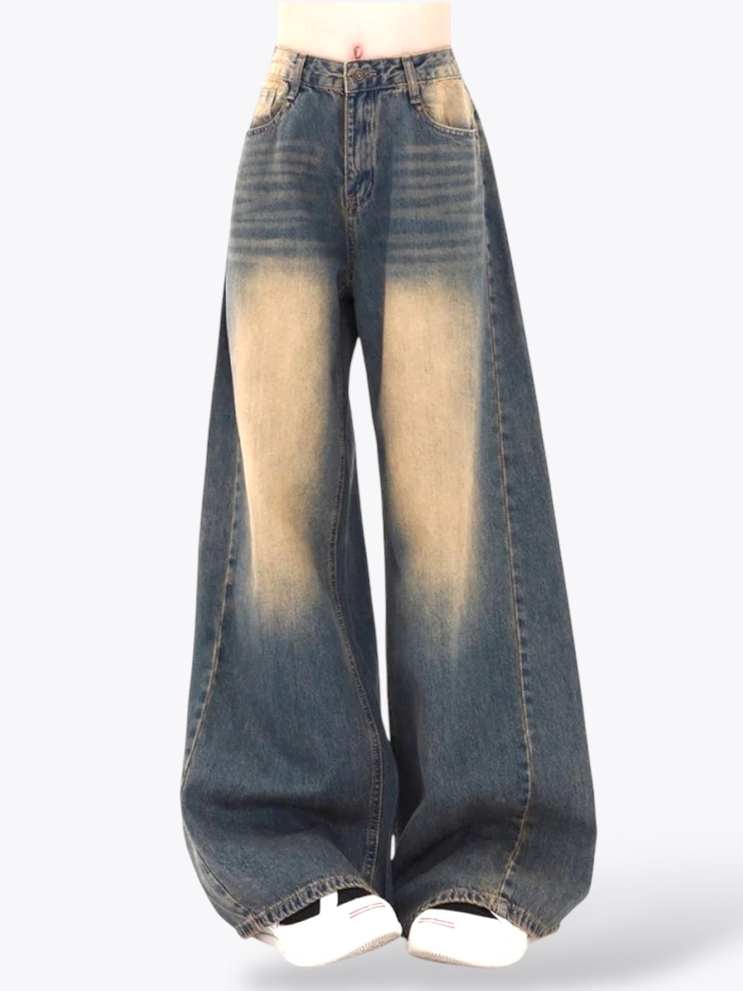 Beige Faded Blue Baggy Wide Leg Jeans