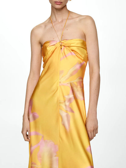 Halterneck Printed Satin Dress