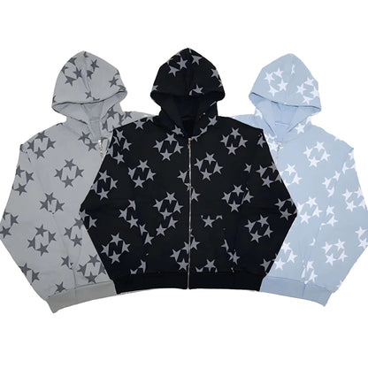 Grunge Diamond Star Zip-Up Hoodie