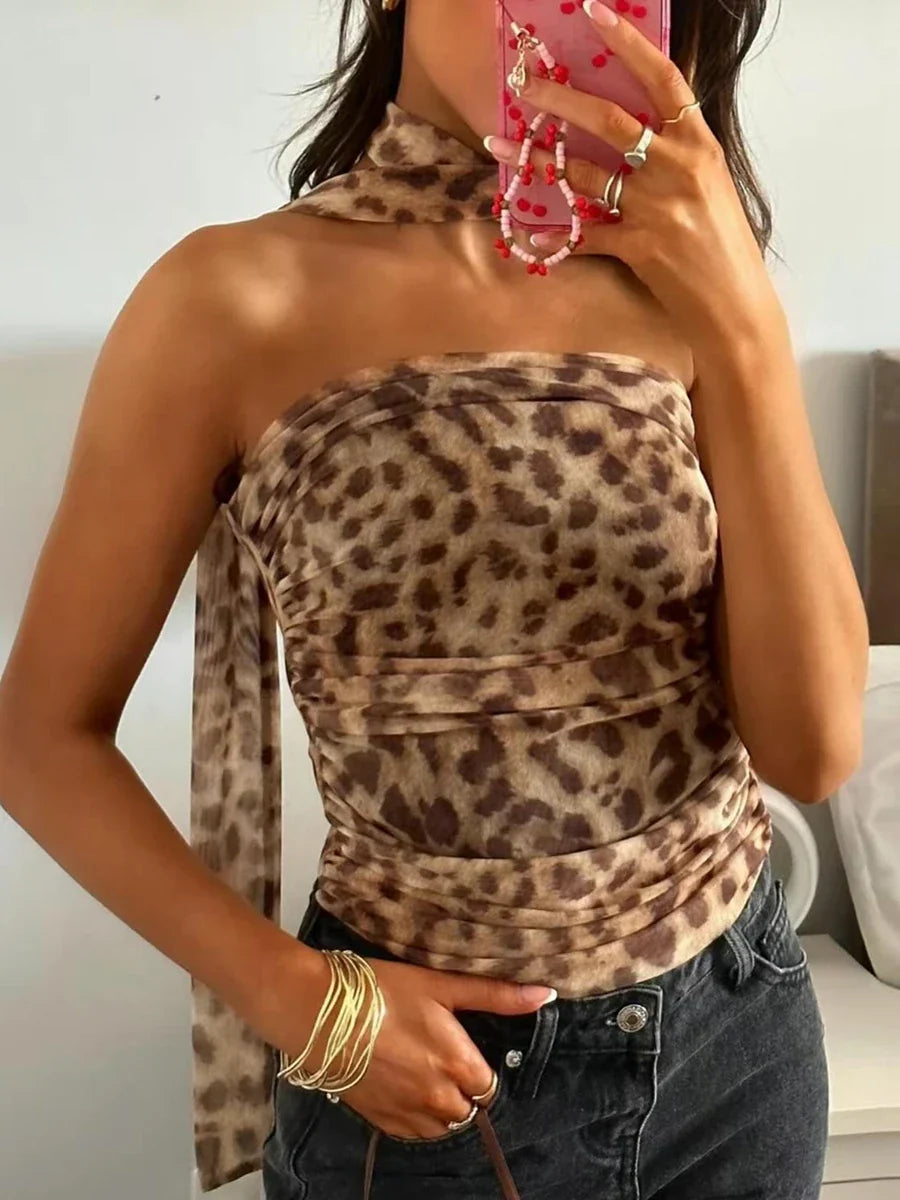 Leopard Print Mesh Halter Tube Top