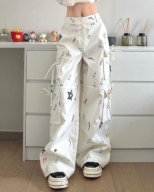 White Doodles Print Cargo Pants