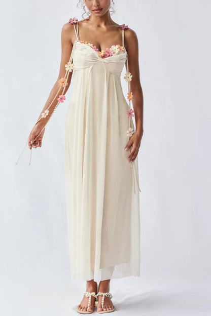 Draping Floral Applique Maxi Dress