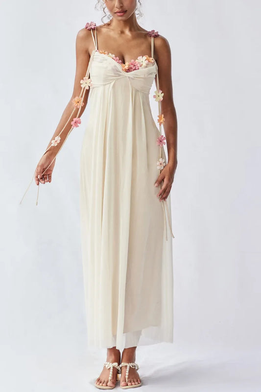 Draping Floral Applique Maxi Dress