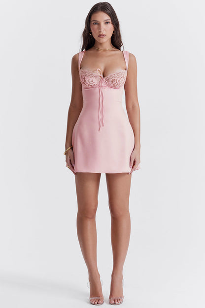 'Adriana' Rose Satin and Lace Mini Dress-Luxandluxy