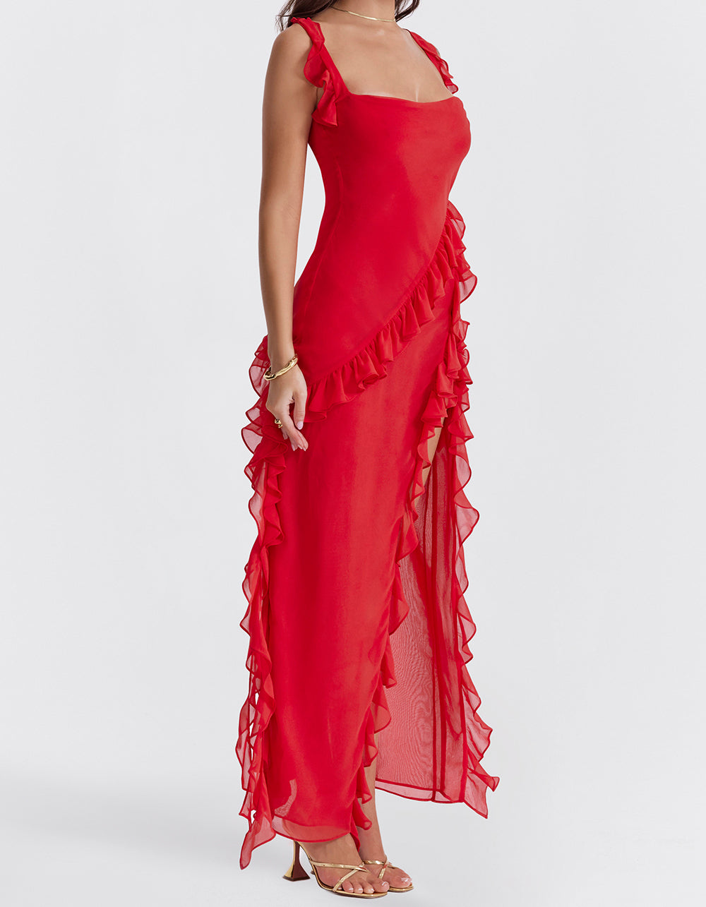 Ariela Cherry Ruffle Maxi Dress-Luxandluxy