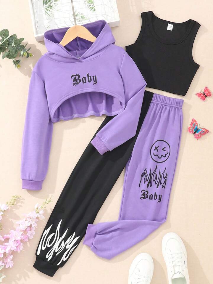 'Baby' Hoodie Tank Top Sweatpants 3pcs Set-Luxandluxy