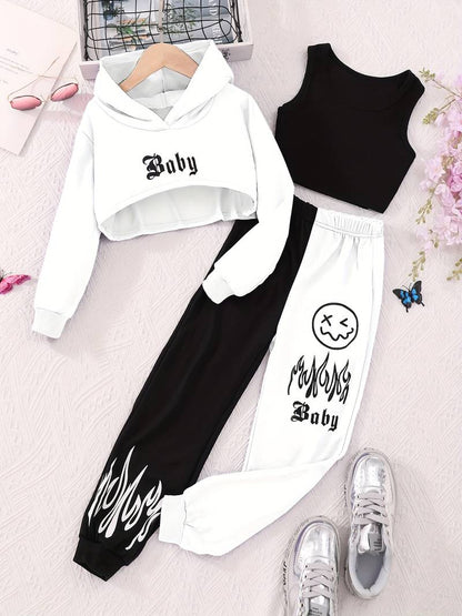 'Baby' Hoodie Tank Top Sweatpants 3pcs Set-Luxandluxy