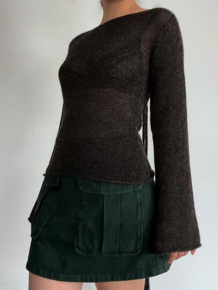 Bell Sleeves Tie Back Knit Sweater-Luxandluxy