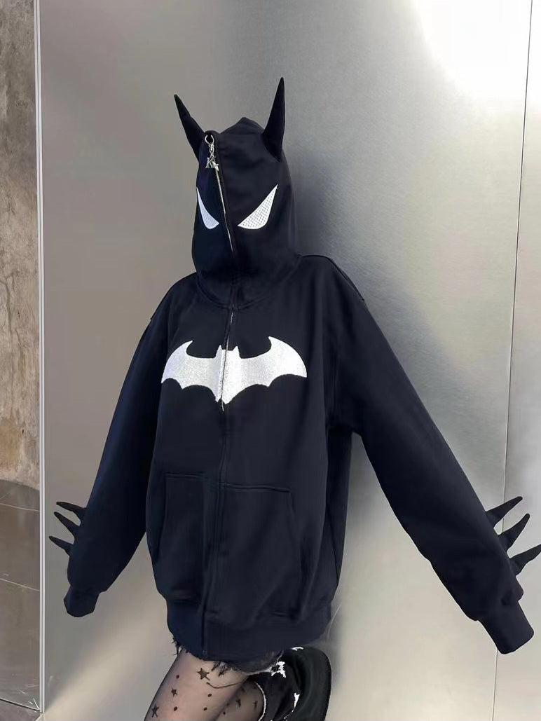 Black Bat Full Zip Up Hoodie-Luxandluxy