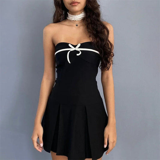 Black Bow Front Off Shoulder Mini Dress-Luxandluxy