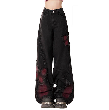 Pink Butterfly Patch Frayed Wide Leg Jeans