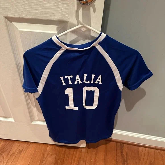 Blue 'Italia 10' Jersey Crop Top-Luxandluxy