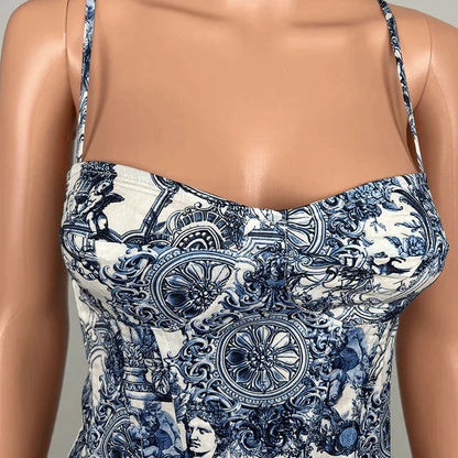 Blue Renaissance Print Structured Corset Top-Luxandluxy