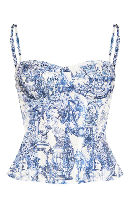 Blue Renaissance Print Structured Corset Top-Luxandluxy