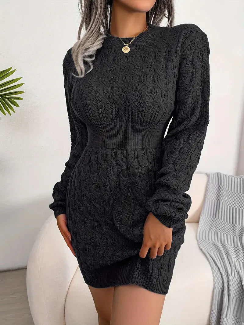 Body-Con Cable Knit Crewneck Sweater Dress-Luxandluxy