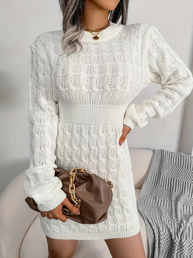 Body-Con Cable Knit Crewneck Sweater Dress-Luxandluxy