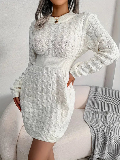 Body-Con Cable Knit Crewneck Sweater Dress-Luxandluxy