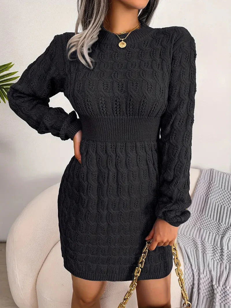 Body-Con Cable Knit Crewneck Sweater Dress-Luxandluxy