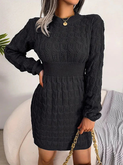 Body-Con Cable Knit Crewneck Sweater Dress-Luxandluxy