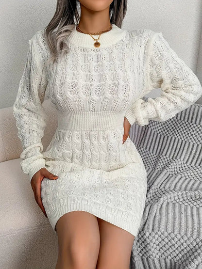 Body-Con Cable Knit Crewneck Sweater Dress-Luxandluxy