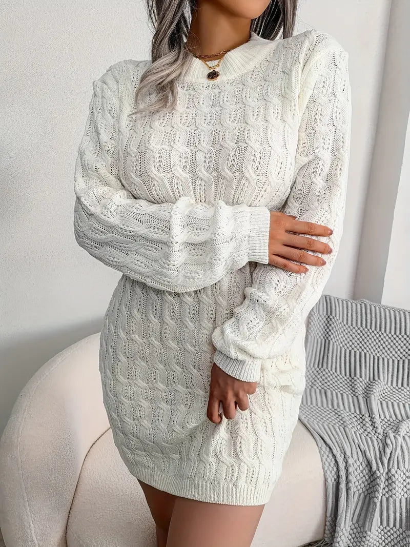 Body-Con Cable Knit Crewneck Sweater Dress-Luxandluxy