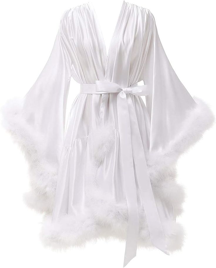 Boudoir Fur Trim Bell Sleeved Satin Robe-Luxandluxy