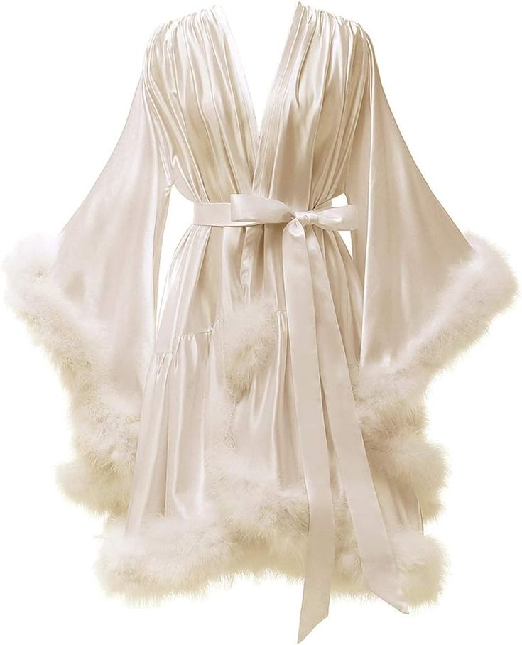 Boudoir Fur Trim Bell Sleeved Satin Robe-Luxandluxy