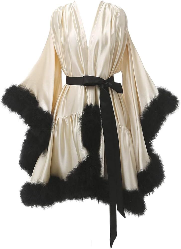 Boudoir Fur Trim Bell Sleeved Satin Robe-Luxandluxy